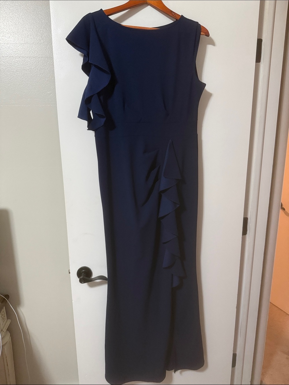 Elegant Navy Ruffle-Detail Mother of the Bride /wedding guest dress